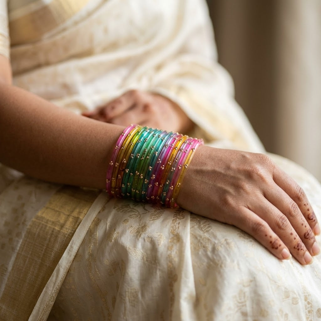 ANML - L-MLT Multicolor Glass Bangle Set with Gold Ghungroo Latkan Kadas