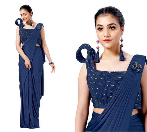 Blue Designer Ready To Wear Lycra Material Saree With Blouse #1015784