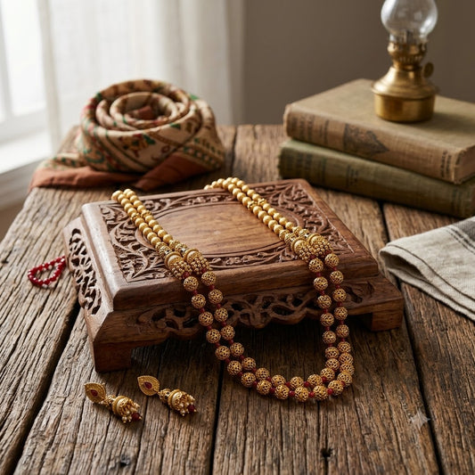 S20 - Traditional Antique Gold Finish Double Layered Filigree Ball Mala Necklace Set