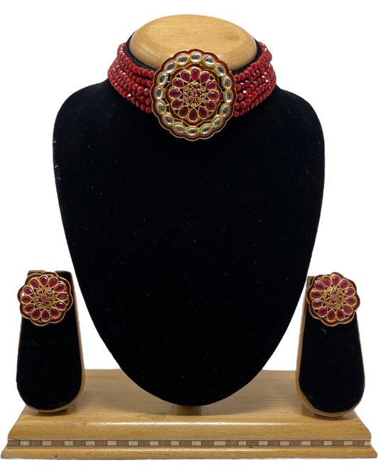 Flexible Choker Necklace & Earring Set With Onyx Beeds KX26