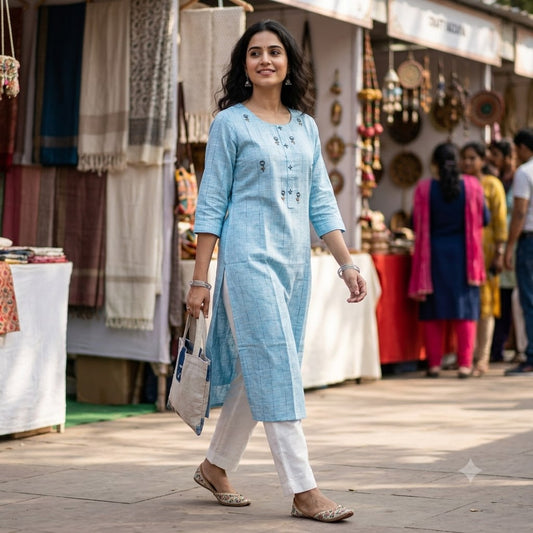 Kur-V5 Women’s Sky Blue Slub Cotton Straight Kurti – Embroidered Yoke