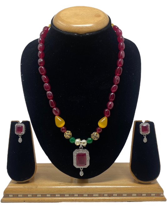 Pearl Mala Necklace & Earring Set With Cubic Zircina CZ Stones KX24