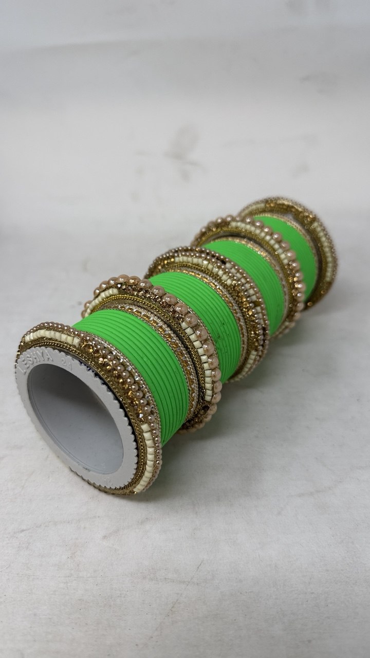 1186- Green Velvet Bangle Set for Both Hands – Antique Gold Bridal