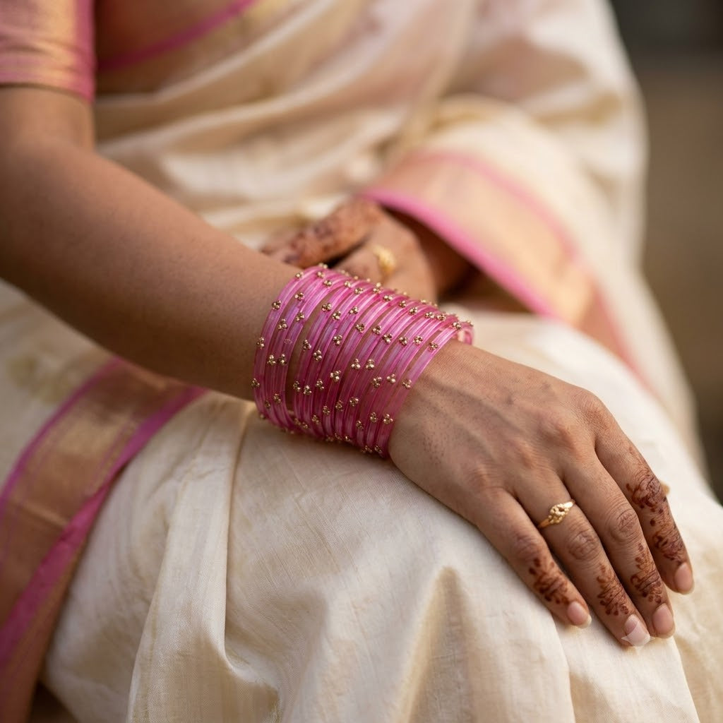 ANML - Pink Glass Bangle Set with Gold Ghungroo Latkan Kadas