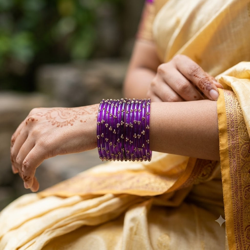 ANML - Jamuni Glass Bangle Set with Gold Ghungroo Latkan Kadas