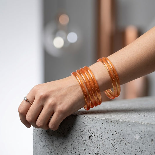 KK- Orange Glass Bangle Set with Kashmiri Ghungroo Bangles Thread-Wrapped Jingle Charms