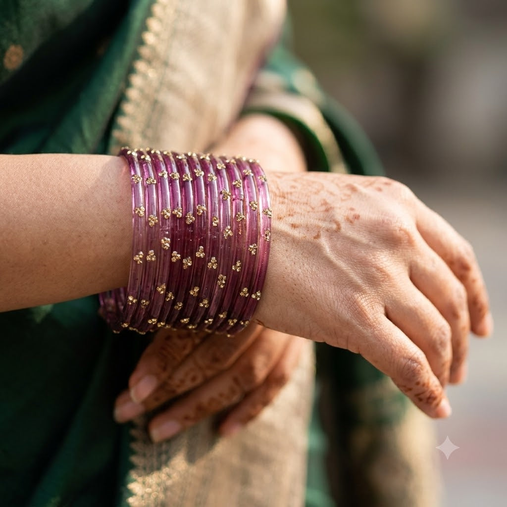 ANML - Pyazi Glass Bangle Set with Gold Ghungroo Latkan Kadas