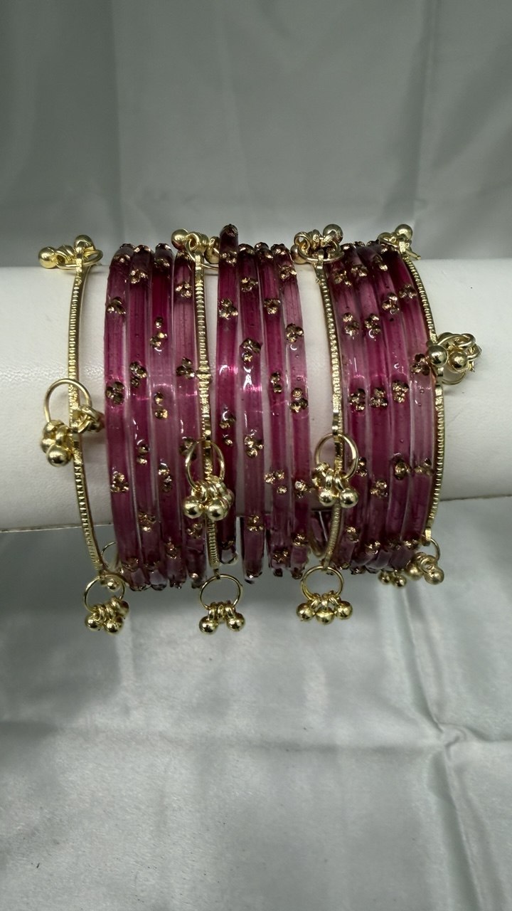 ANML - Pyazi Glass Bangle Set with Gold Ghungroo Latkan Kadas