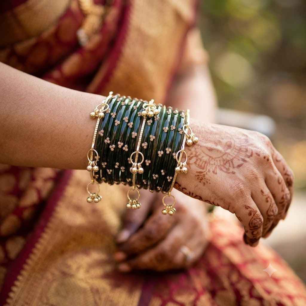 ANML - Dark Green Glass Bangle Set with Gold Ghungroo Latkan Kadas