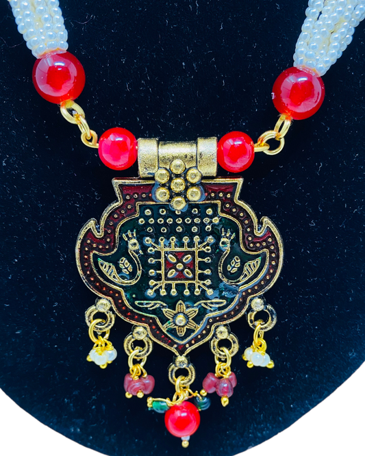 Jaipuri Long Mala Necklace & Earring Set with Meenakari KX2