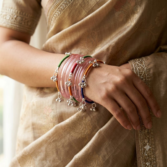 KK - Pink Glass Bangle Set with Kashmiri Ghungroo Bangles Thread-Wrapped Jingle Charms