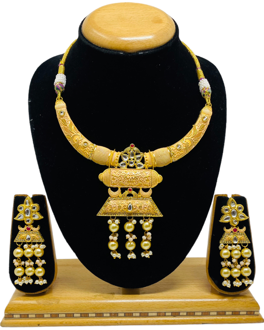 Gold Plated Cream Colored Mala Necklace & Earring Set KX7