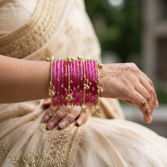 ANML - Gajri Glass Bangle Set with Gold Ghungroo Latkan Kadas