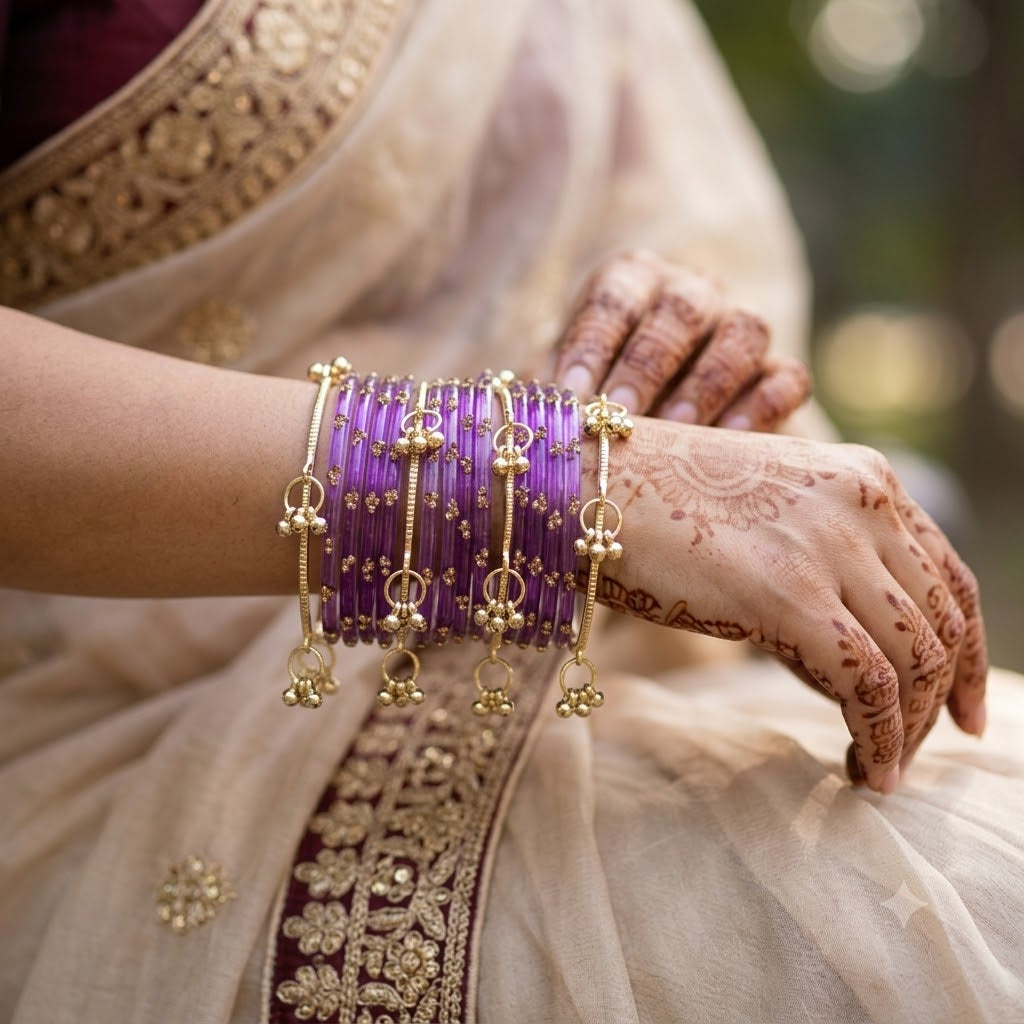 ANML - Purple Glass Bangle Set with Gold Ghungroo Latkan Kadas