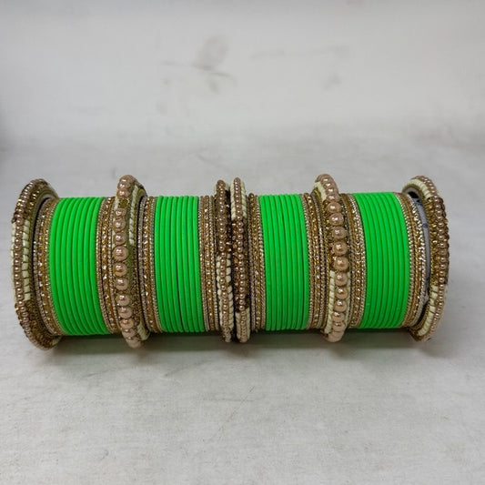 1186- Green Velvet Bangle Set for Both Hands – Antique Gold Bridal