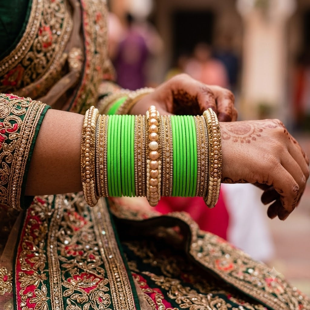 1186- Green Velvet Bangle Set for Both Hands – Antique Gold Bridal