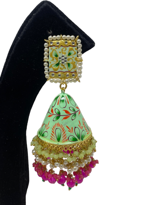 Jaipuri Traditional Hand Painted Statement Jhumka Earring With Pearl Drops KE22