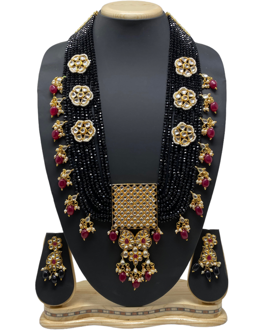 Long Pearl Mala Necklace & Earring Set With Onyx Beeds KX25