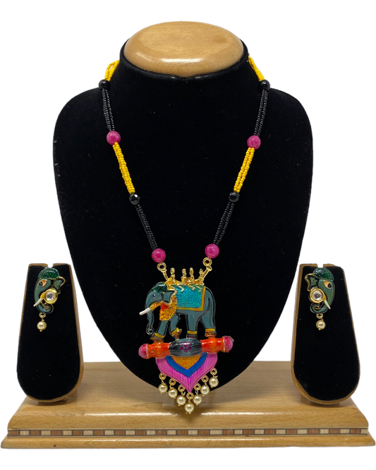 Mala Necklace & Earring Set With Elephant Pendant KX29
