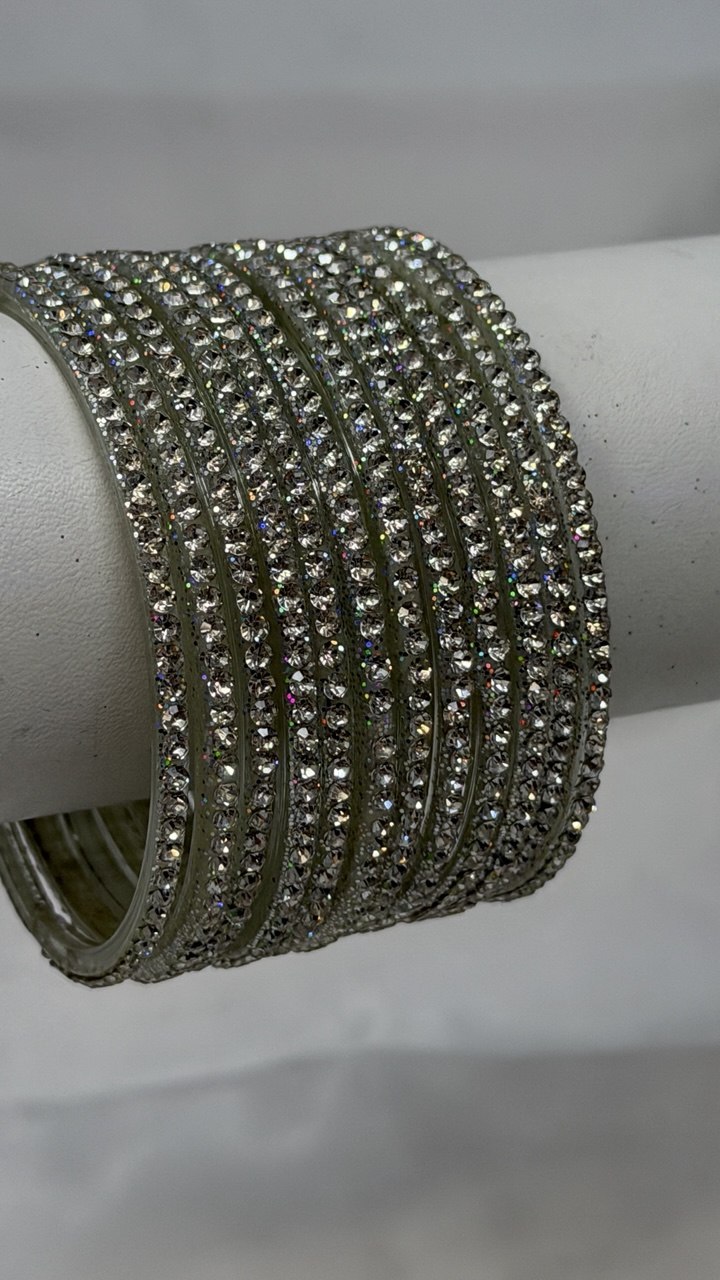 GlitB - Silver Glitter Glass Bangle Set with Champagne Gold Stone Work