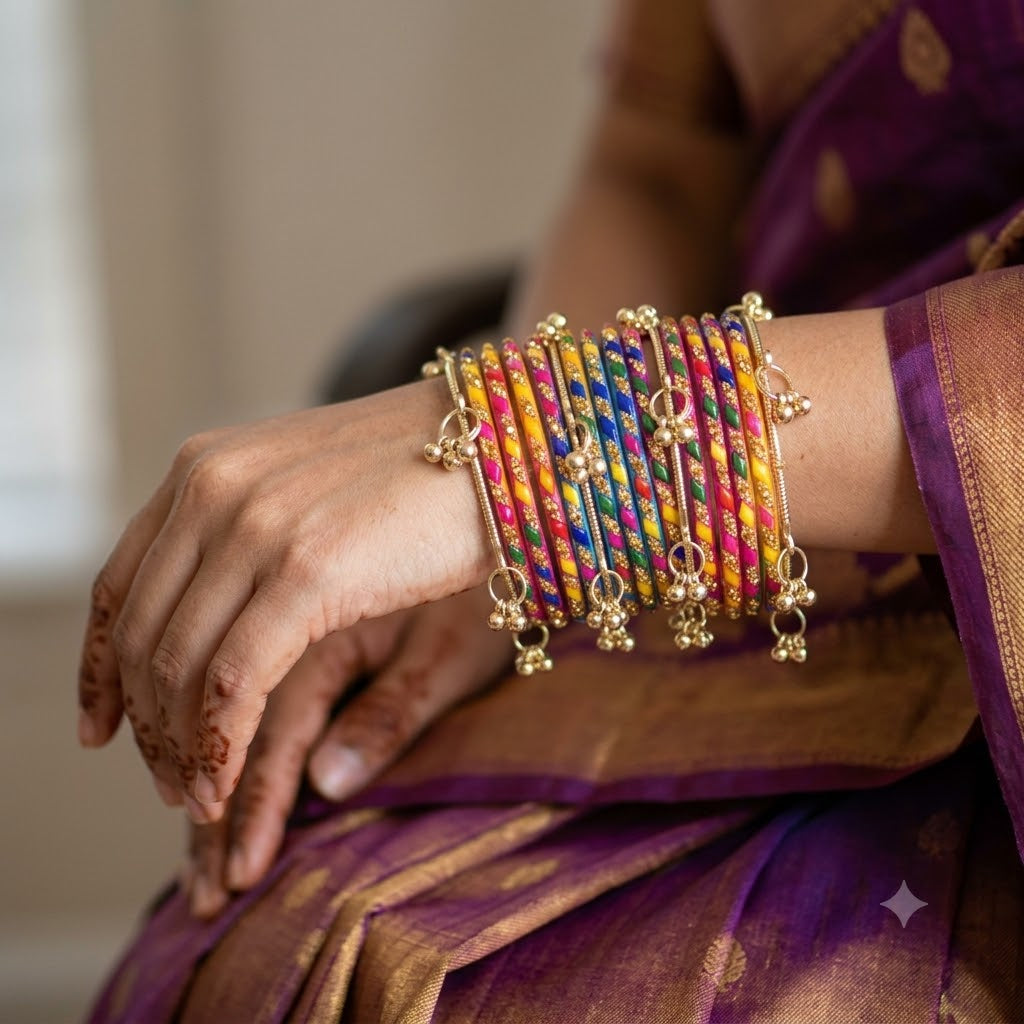 Zubee - Handmande Multicolor Glass Bangle Set with Gold Stone Work Churi Stack for Navratri