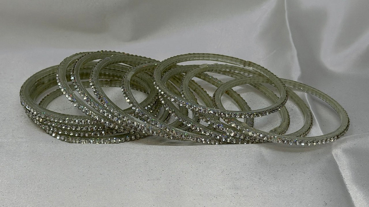 GlitB - Silver Glitter Glass Bangle Set with Champagne Gold Stone Work
