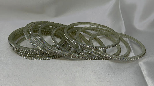 GlitB - Silver Glitter Glass Bangle Set with Champagne Gold Stone Work