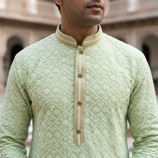 A10 - Men’s Pista Green Chikankari Cotton Kurta Lucknowi Embroidered Mandarin Collar - Zenia Creations