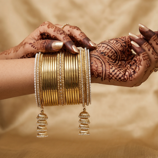 Gold and Silver Plated Bridal Bangle Set with Stone Accents & Jhumka Charms - 456PL - Zenia Creations