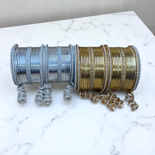 Gold and Silver Plated Bridal Bangle Set with Stone Accents & Jhumka Charms - 456PL - Zenia Creations