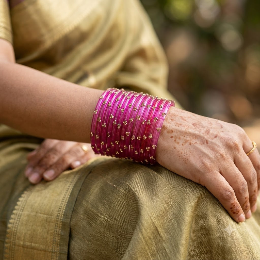 ANML - Gajri Glass Bangle Set with Gold Ghungroo Latkan Kadas