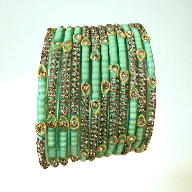 Gazab - Crystal & Gold Hand Stonework Glass Bangle Set Pack of 12 Bangles