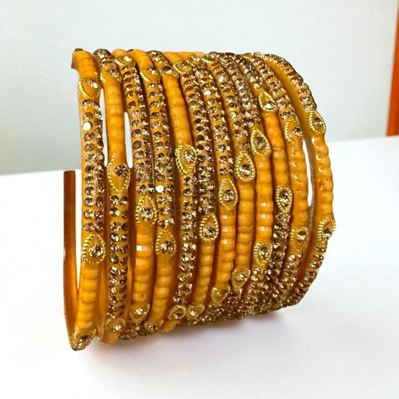 Gazab - Crystal & Gold Hand Stonework Glass Bangle Set Pack of 12 Bangles