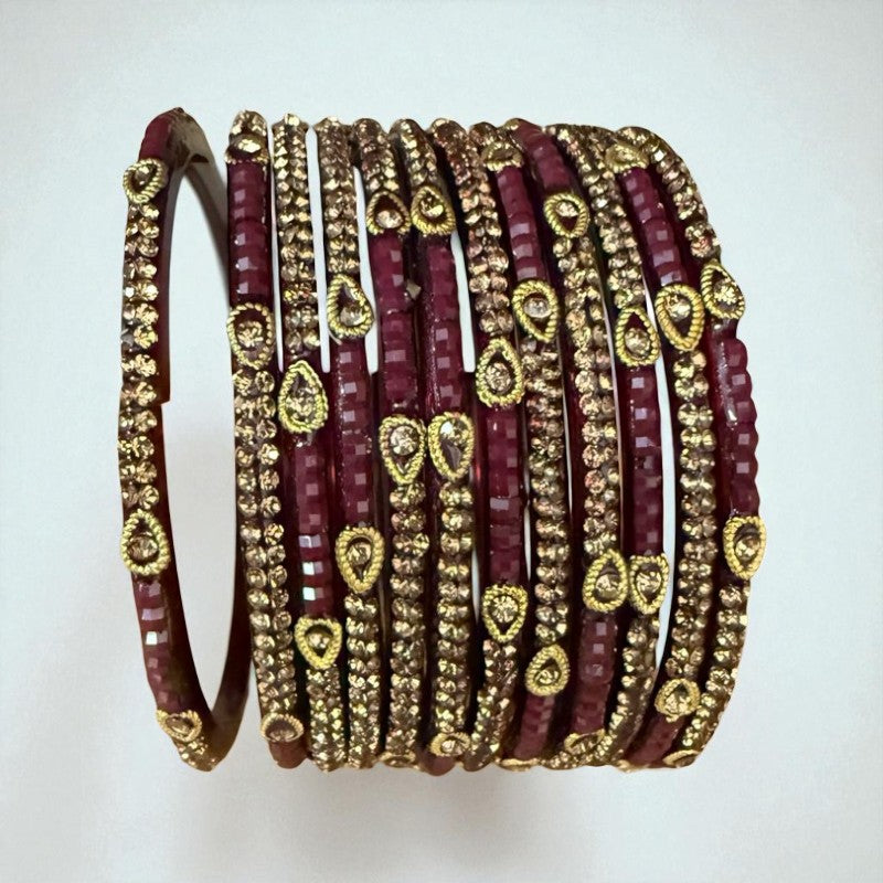 Gazab - Crystal & Gold Hand Stonework Glass Bangle Set Pack of 12 Bangles