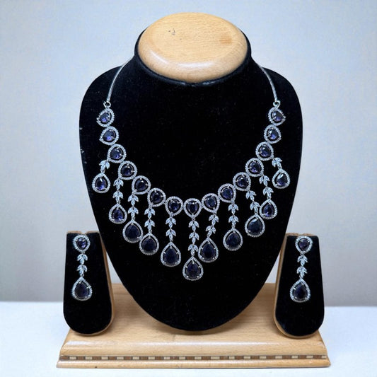 ADS-Y Blue Stone & Silver Necklace Set with Earrings Bridal & Party Wear Jewelry
