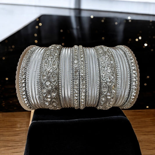1176Slv- Elegant Silver Bridal Bangle Set 24 Piece Indian Wedding Jewelry - Zenia Creations