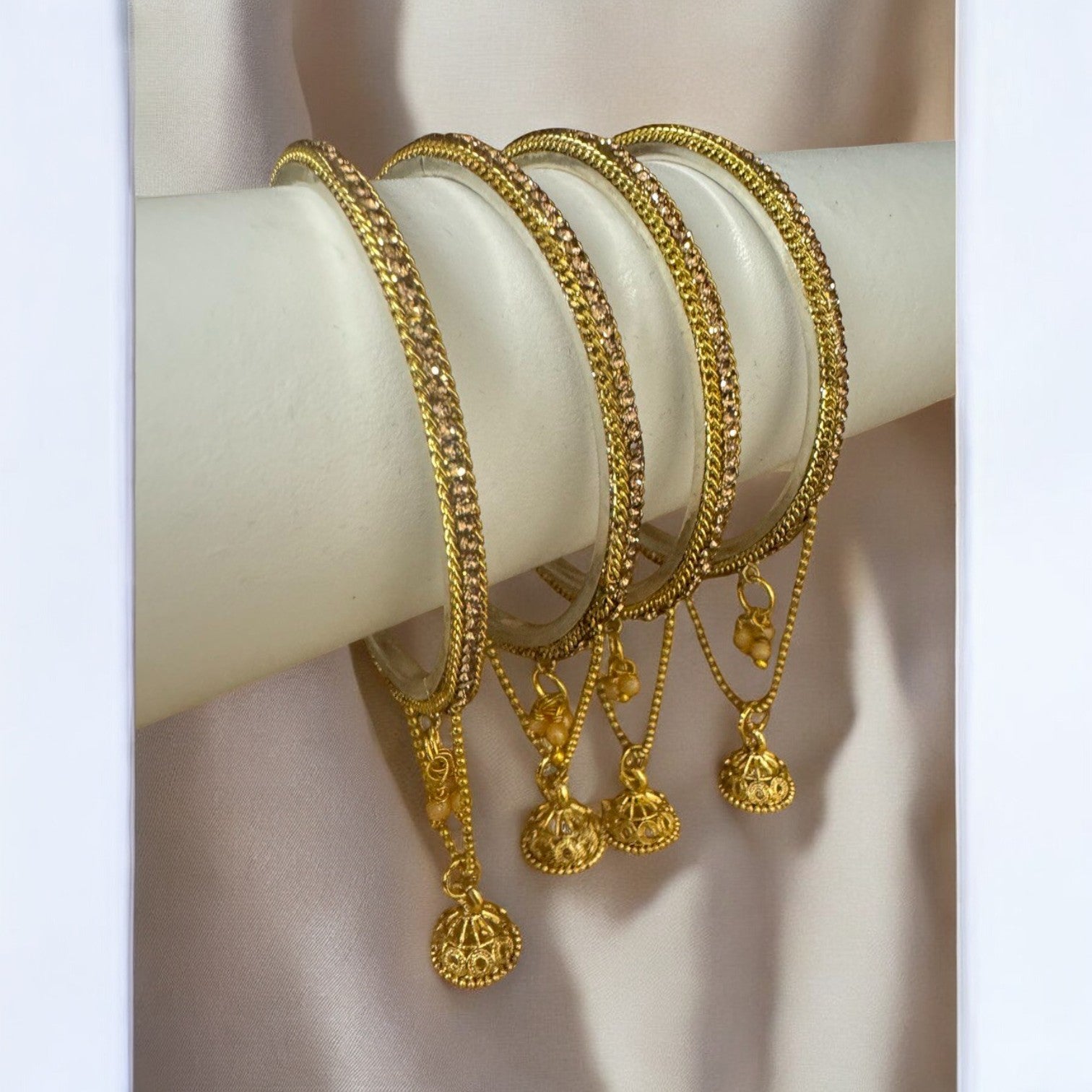 Gold-Toned Bangles with Jhumkis – Set of 4 Elegant Traditional Bangles KP4014