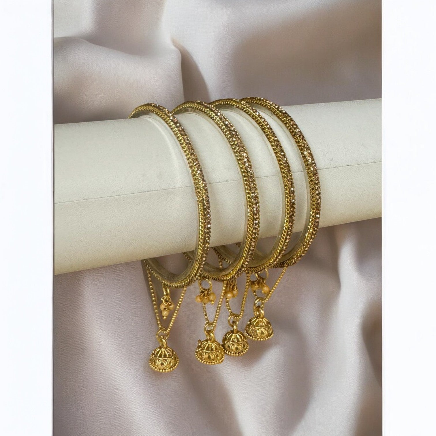 Gold-Toned Bangles with Jhumkis – Set of 4 Elegant Traditional Bangles KP4014