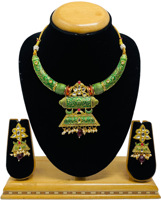 Gold Plated Green Mala Necklace & Earring Set KX6