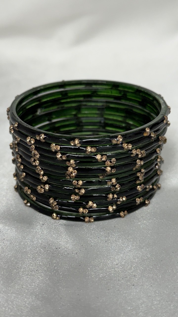 ANML - Dark Green Glass Bangle Set with Gold Ghungroo Latkan Kadas