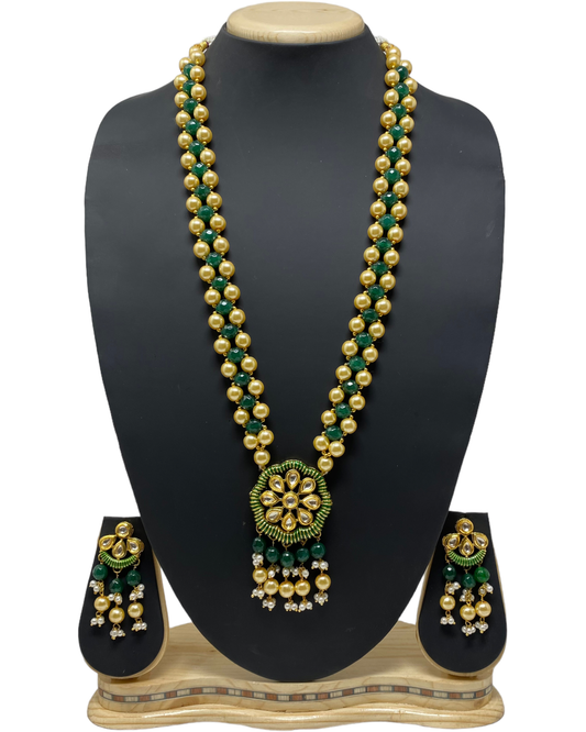 Long Kundan Mala Necklace & Earring Set With Pearl Drops KX27
