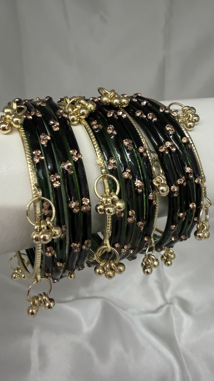 ANML - Dark Green Glass Bangle Set with Gold Ghungroo Latkan Kadas