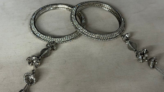 1798RW- Rhodium Silver Finish Micro-Pave CZ Crystal Bangle Kada with Hanging