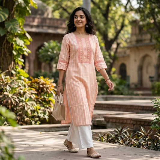 Kur-V3 Women’s Peach Striped Cotton Straight Kurti – Embroidered Yok