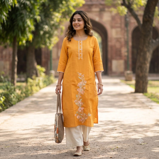 Kur-V6 Yellow Chanderi Cotton Kurti Floral Yoke & Slit Panel Long Tunic