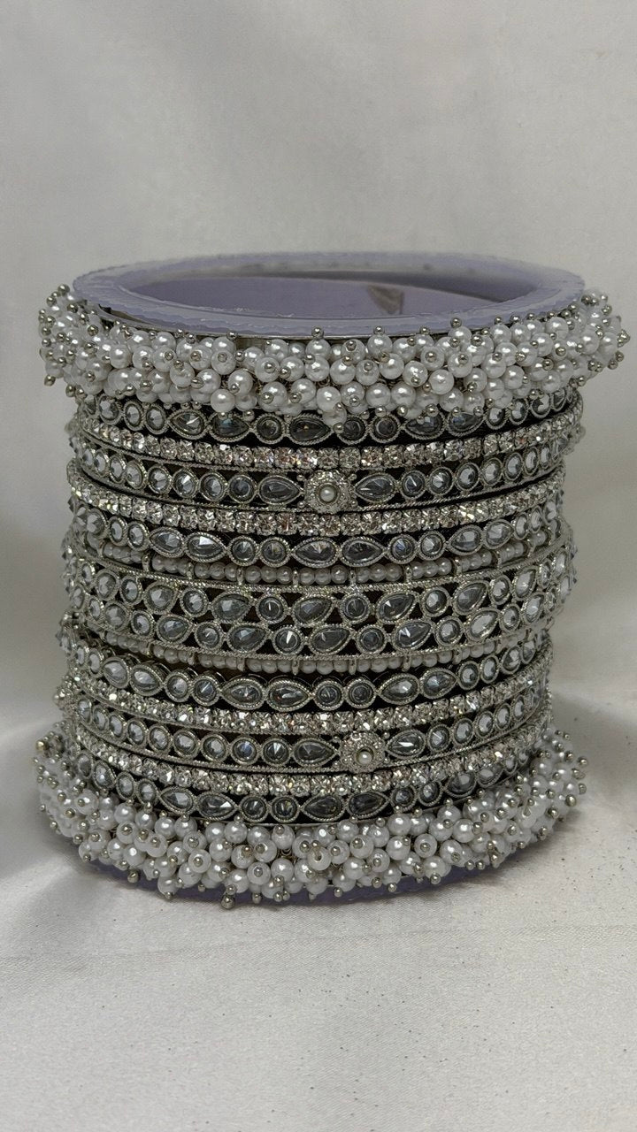 W4-AP Silver Oxidized Bangle Set with Clear CZ Stones and Pearls Bridal Chura