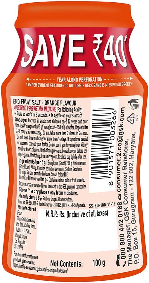 ENO Fruit Salt - Orange Flavor | Fast Relief from Heartburn, Acidity and Indigestion