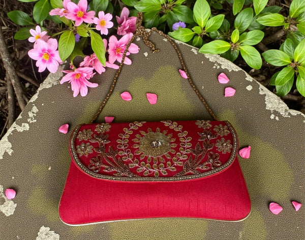 Maroon & Gold Bow Clutch – Festive Evening Bag with Rhinestone Accent