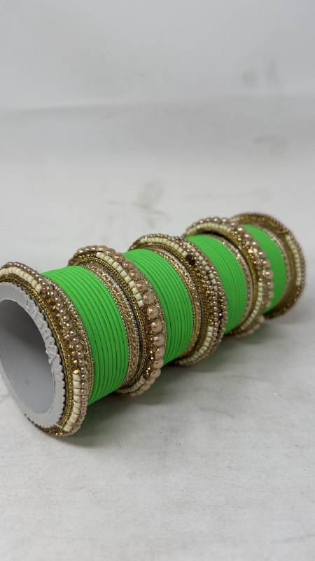1186- Green Velvet Bangle Set for Both Hands – Antique Gold Bridal