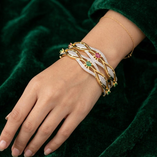 WAD11 - Dual-Tone Wave Bangle Set – Gold & Silver Plated Kada - Zenia Creations